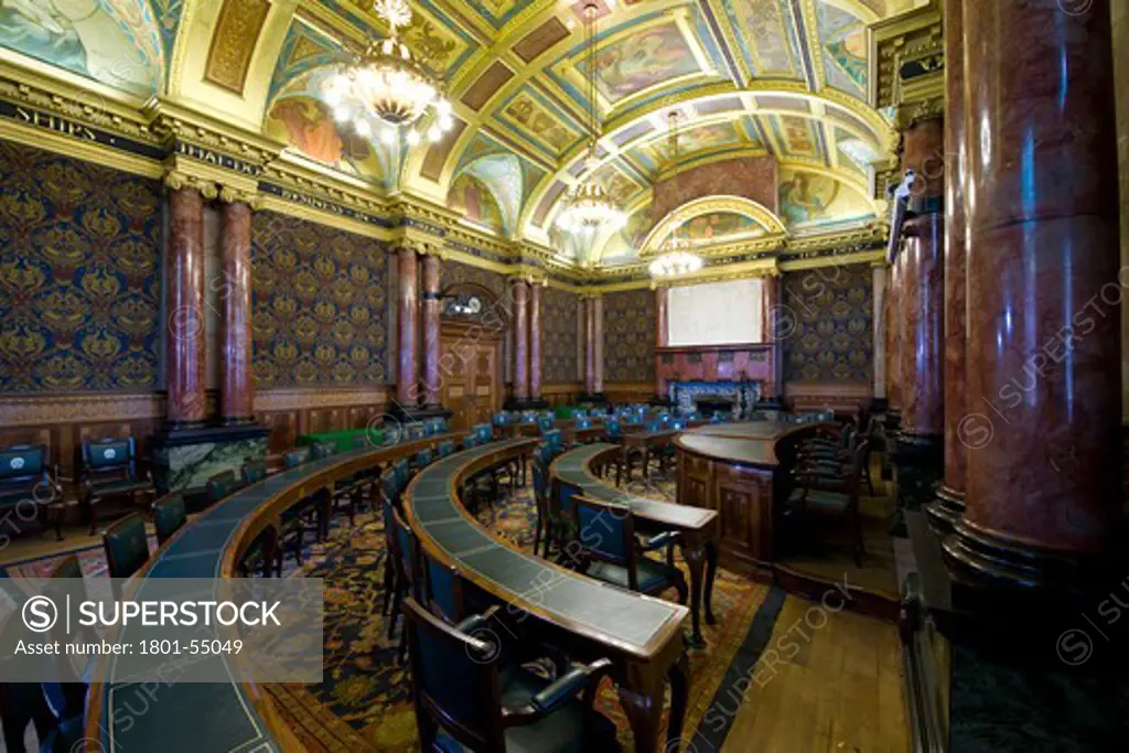 City Of London  Lloyd'S Register Of Shipping General Committee Room By Te Collcutt. The Grand Barrel Vaulted Interior With Paired Ionic Red Marble Columns And A Tempera Ceiling By Gerald Moira Is An Excellent Example Of Late Victorian Architecture  Successfully Blending Architecture And Sculpture.