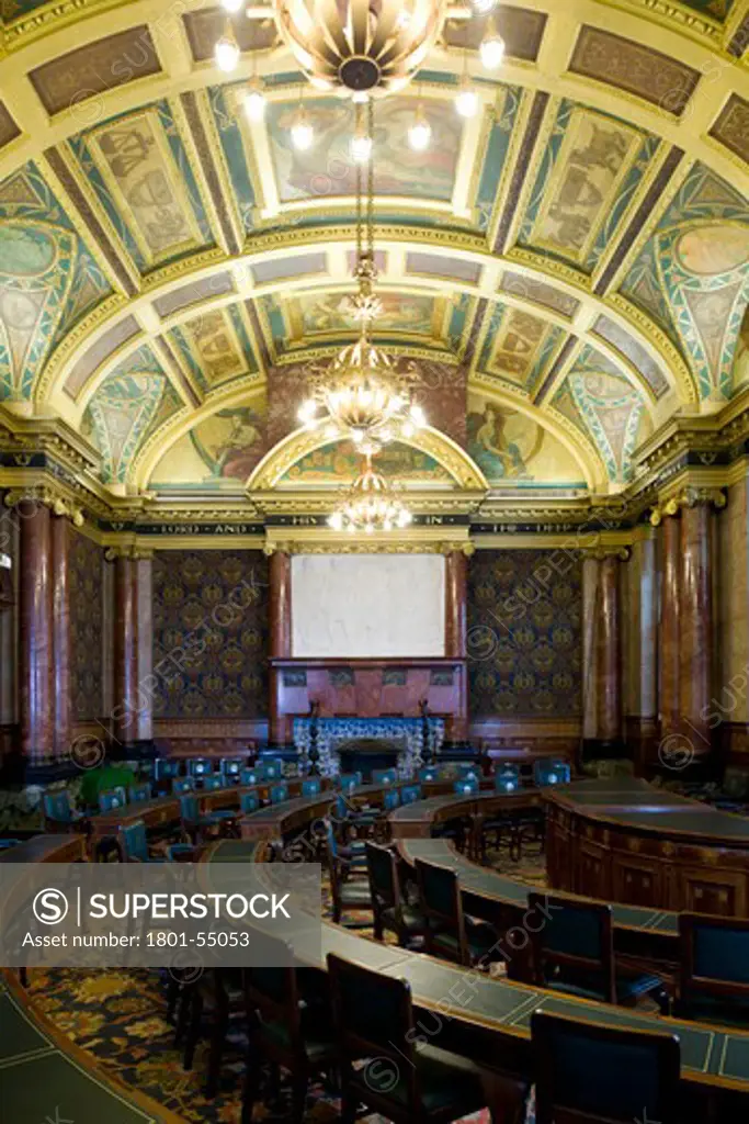 City Of London  Lloyd'S Register Of Shipping General Committee Room By Te Collcutt. The Grand Barrel Vaulted Interior With Paired Ionic Red Marble Columns And A Tempera Ceiling By Gerald Moira Is An Excellent Example Of Late Victorian Architecture  Successfully Blending Architecture And Sculpture.