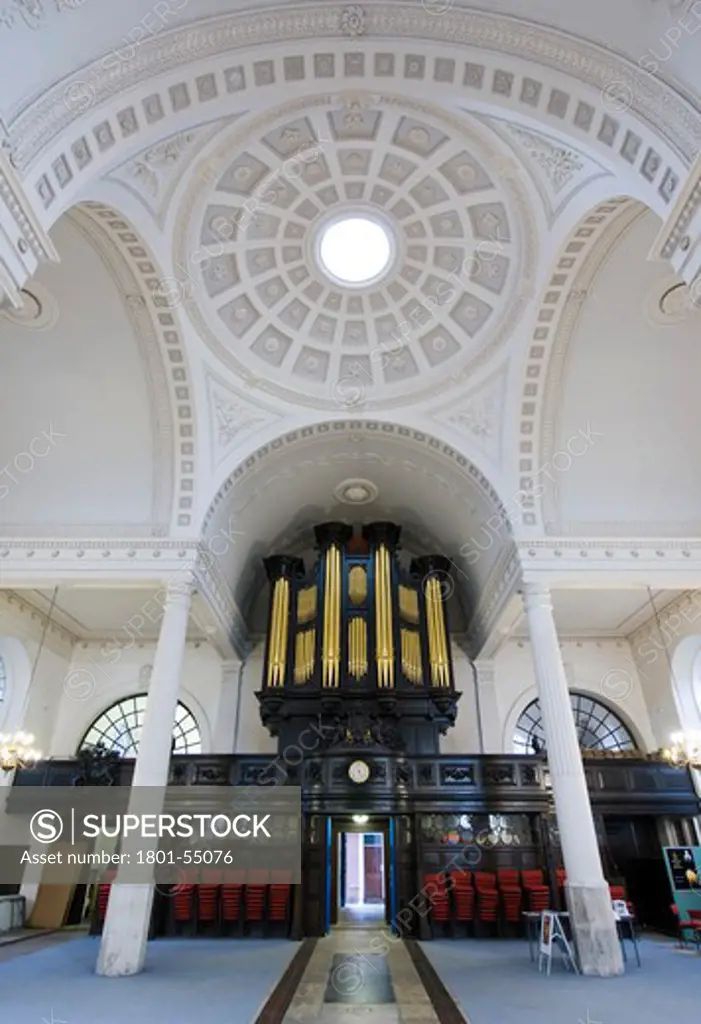 City Of London  St. Mary-At-Hill  Sir Christopher Wren  1670-4 Rebuilt By James Savage 1843. The Least Spoiled Interior In The City  A Shallow Dome Is Supported On Four Free-Standing Columns. It Is The Church Of The Billingsgate Fish Merchants.View To West End Showing Organ