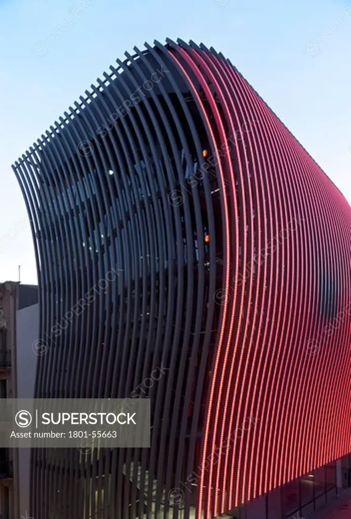 El Molino ( Windmill)  In Barcelona By Bopba Arquitectura Evening View Of Added Tower Showing Red Light