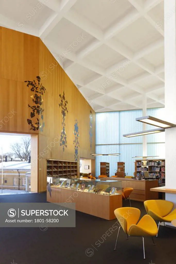 Turku Library, Jkmm Architects, Turku Finland, 2007, First Floor With Wood-Panelled Wall With Mural