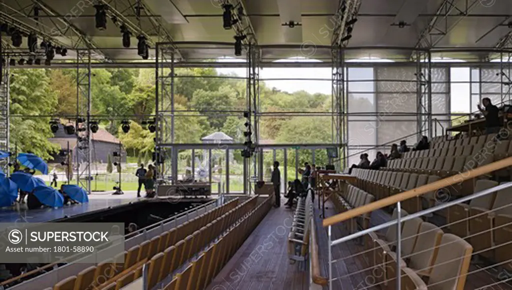 The Garsington Temporary Opera House, Wormsley Estate, Buckinghamshire, Robin Snell, 2011, Uk, Interior Side Elevation Of Tiers And Stage During Rehearsal