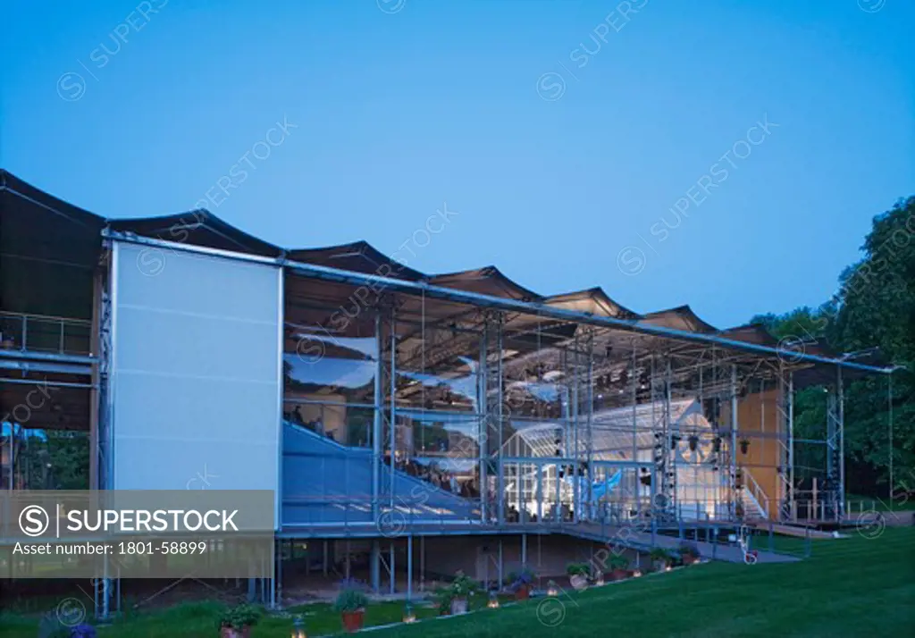 The Garsington Temporary Opera House, Wormsley Estate, Buckinghamshire, Robin Snell, 2011, Uk, Oblique Exterior Elevation At Dusk During Performance