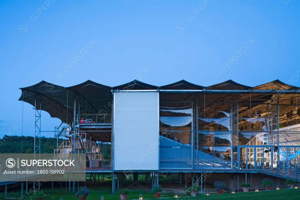 The Garsington Temporary Opera House, Wormsley Estate, Buckinghamshire, Robin Snell, 2011, Uk, Frontal Dusk Elevation During Performance