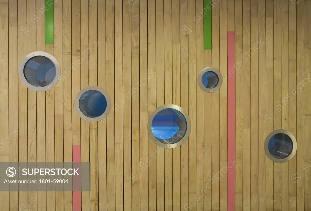 Tuke School, Haverstock Associates, London, 2010, Colourful Interior Timber Cladding With Portholes