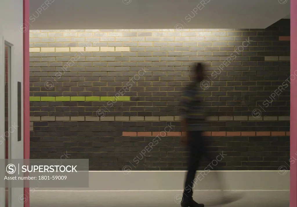 Tuke School, Haverstock Associates, London, 2010, Detail Of Colourful Interior Glazed Brick Wall