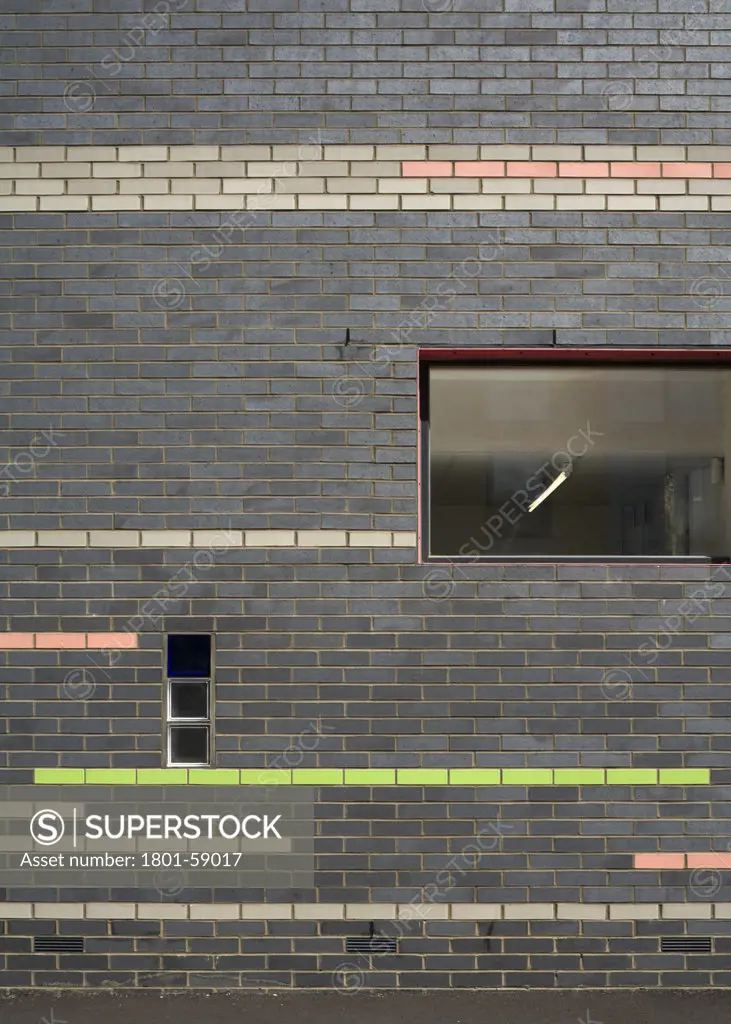 Tuke School, Haverstock Associates, London, 2010, Detail Of Exterior Glazed Brick And Colour Striped Facade With Windows
