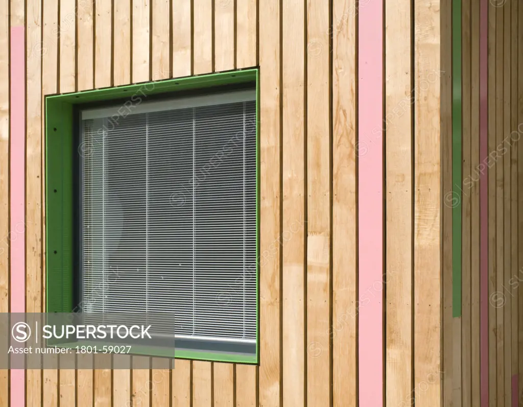 Tuke School, Haverstock Associates, London, 2010, Oblique Detail Of Window Reveal And Colourful, Exterior Timber Cladding