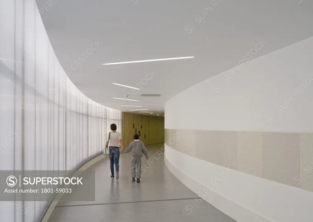 Tuke School, Haverstock Associates, London, 2010, Glazed And Curved Corridor With Student In Motion