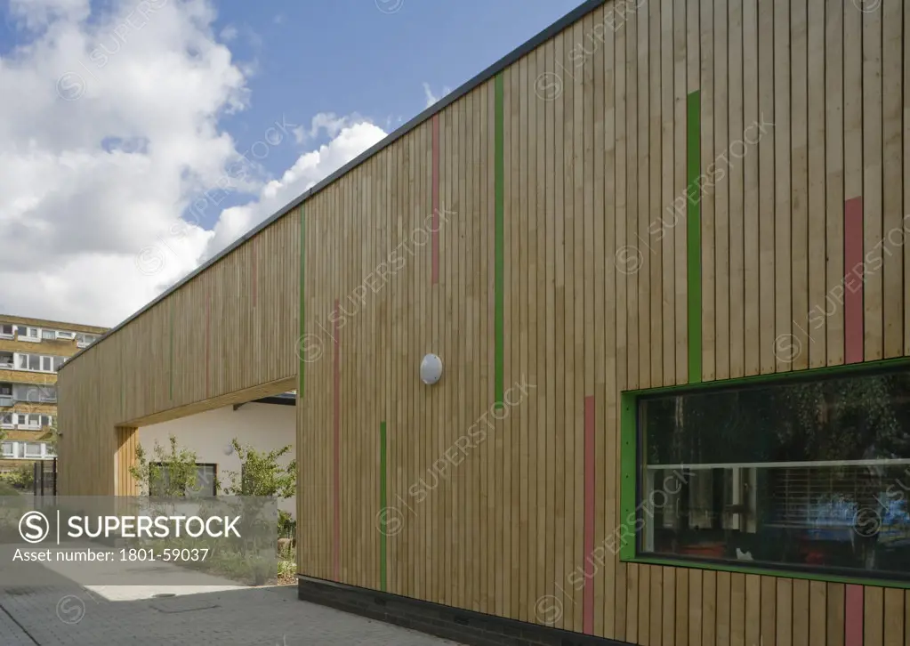 Tuke School, Haverstock Associates, London, 2010, Oblique Exterior View Of Teachers Garden With Timber Clad Opening