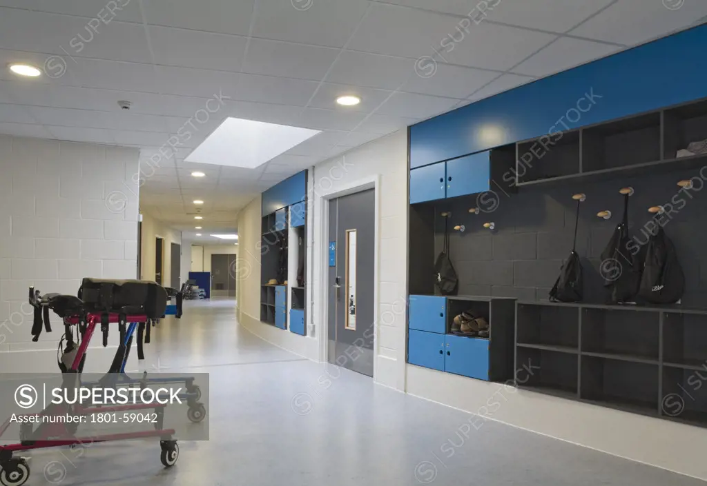 Tuke School, Haverstock Associates, London, 2010, Corridor View With Classroom Entrance And Coat Rack