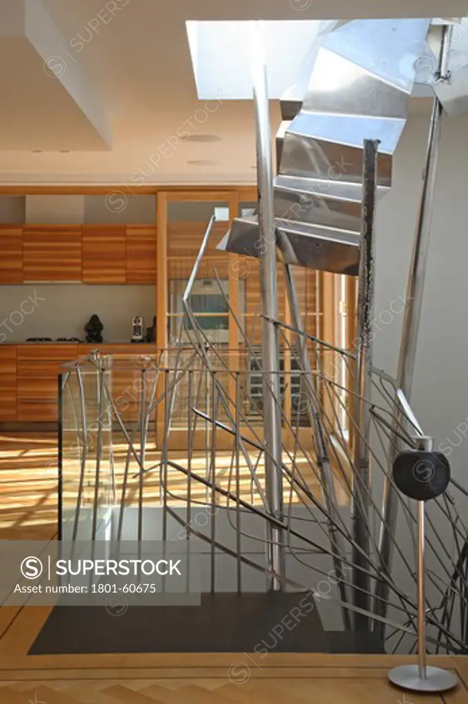 Private House, Roxburgh Construction, London, 2011, Atelier Vincent Dubourg, View To Second-Floor Kitchen Through Steel Staircase