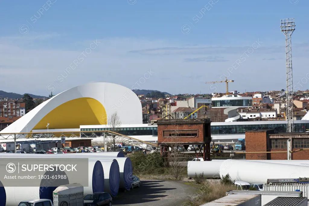 Niemeyer Center In Aviles  Spain  By Oscar Niemeyer. General Morning View Of Center Inserted In The Industrial Site