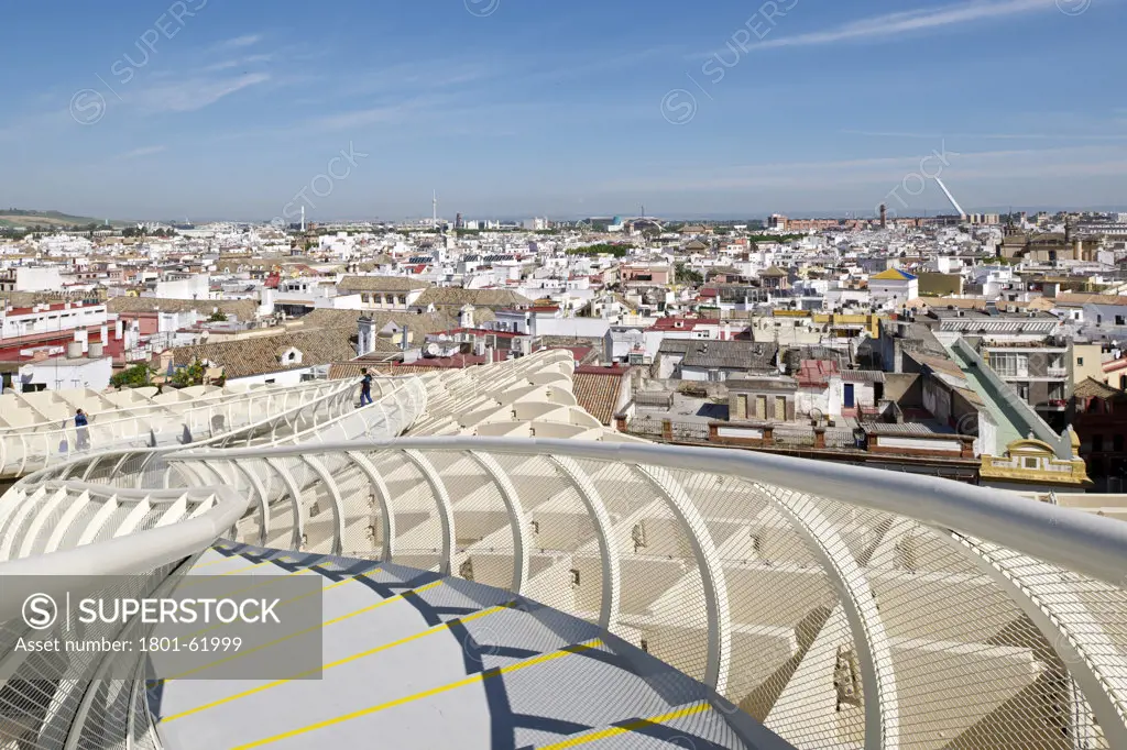 Metropol Parasol By J Mayer H Architects In Sevilla Spain. Detail Showing  Skywalk  On Roof With City In The Background