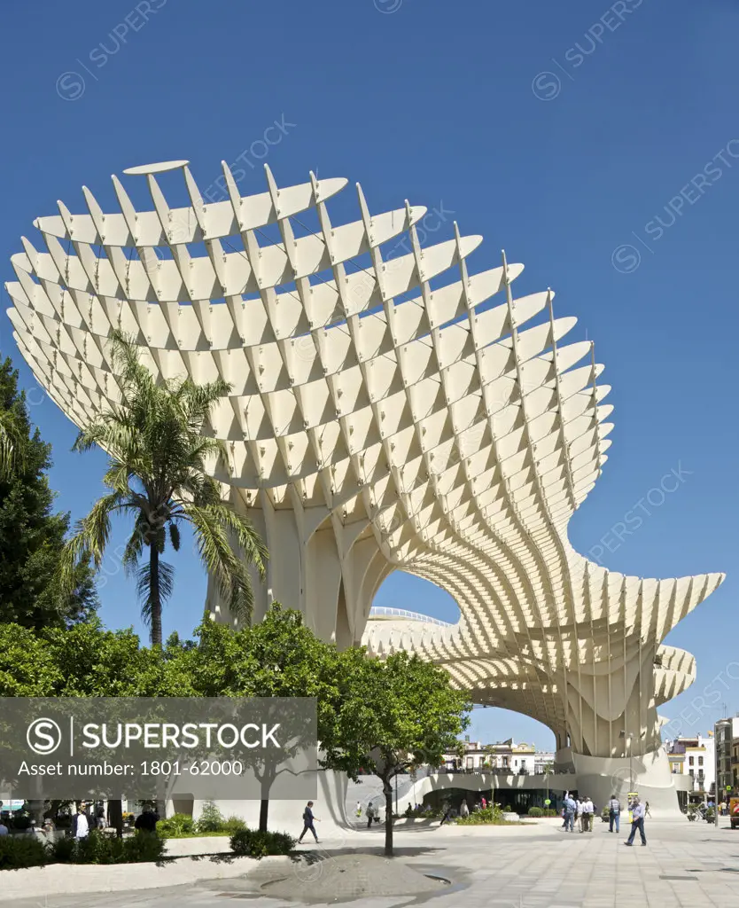 Metropol Parasol By J Mayer H Architects In Sevilla Spain. Frontal Elevation View Of Parasol With Plaza In The Background