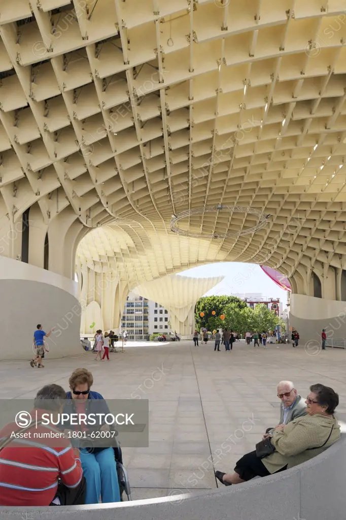 Metropol Parasol By J Mayer H Architects In Sevilla Spain. People Resting And Chatting Under The Parasol