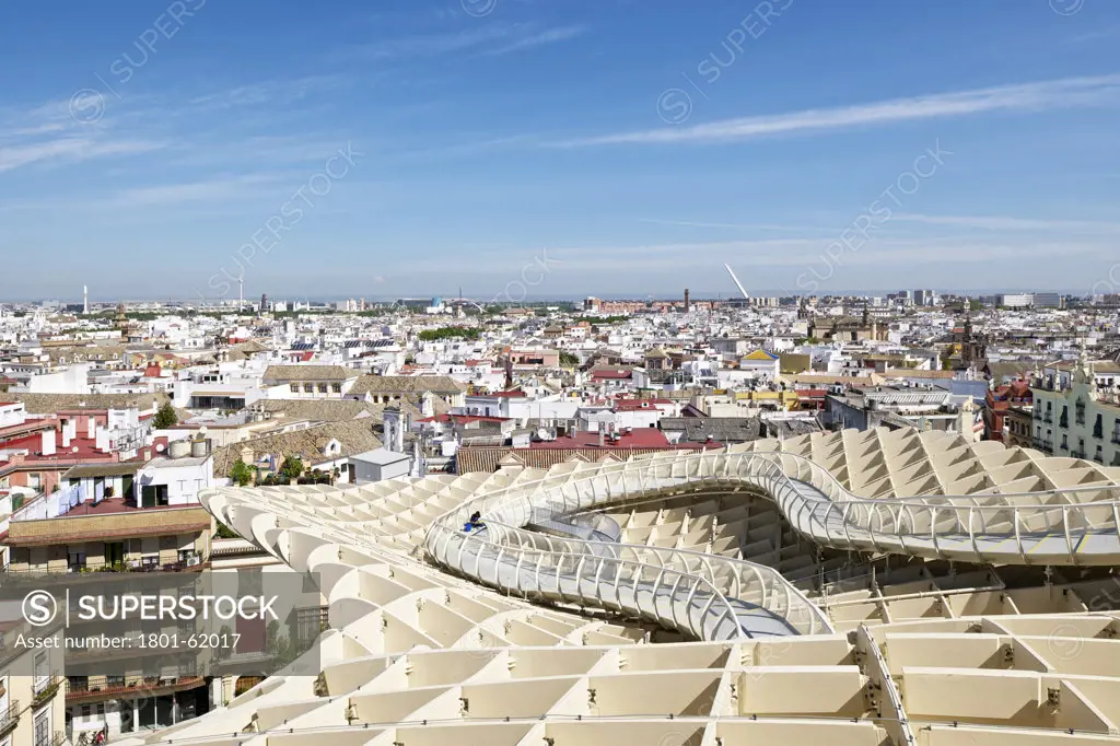 Metropol Parasol By J Mayer H Architects In Sevilla Spain. Detail Showing  Skywalk  On Roof With City In The Background