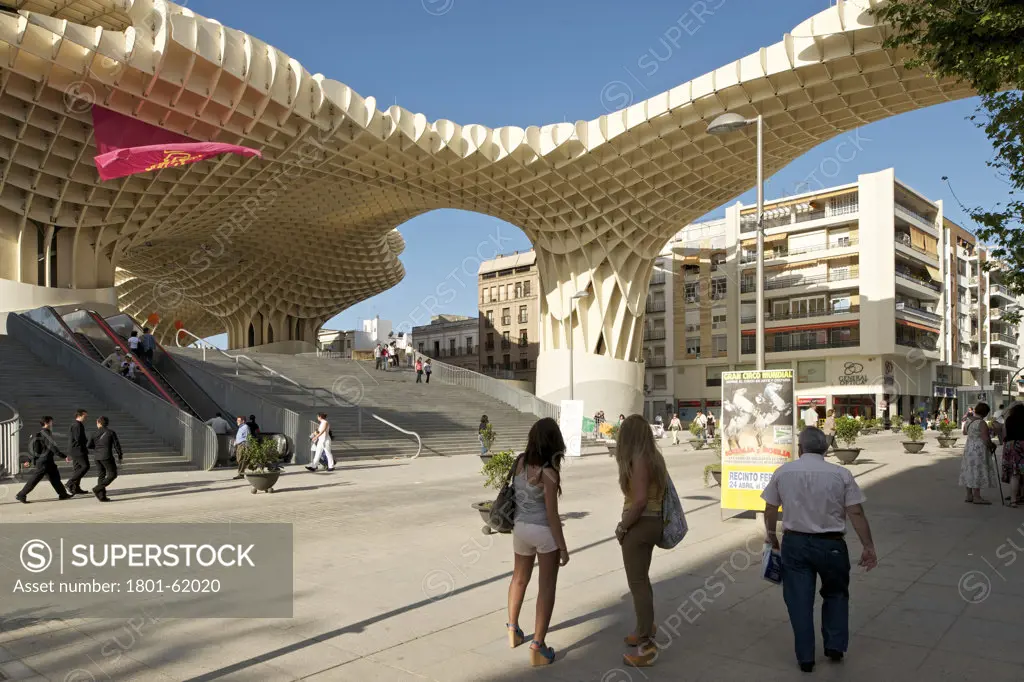 Metropol Parasol By J Mayer H Architects In Sevilla Spain. General Exterior View Of Elevation With People Standing.