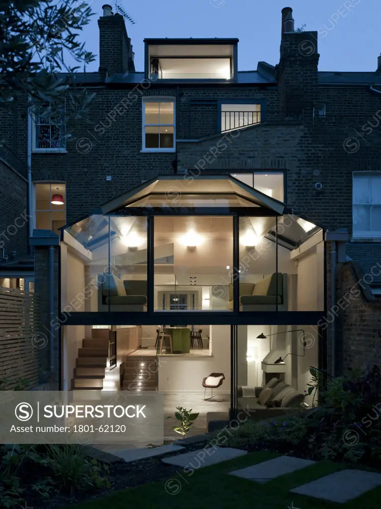 Victoria Park House, Ian Hay Architects, London, 2010, Rear Elevation Showing Glass Extension And Loft Conversation (At Dusk).
