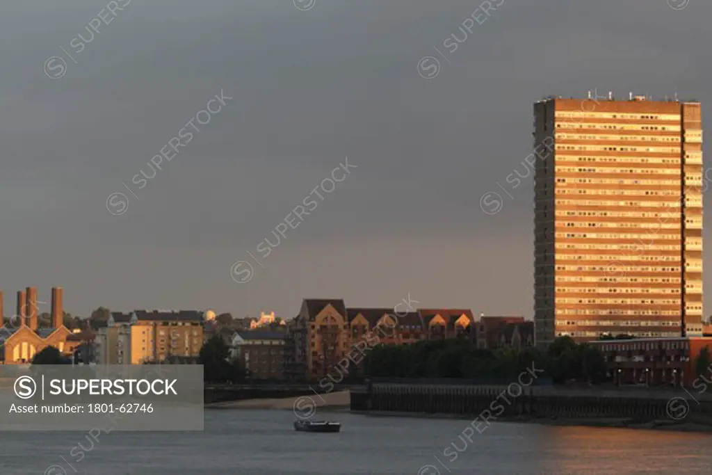 Samuda Estate  Sir John Burnet Tait and Partners  London  1967  Kelson House In Evening Light With River Thames And Greenwich Beyond  Seen From Blackwall