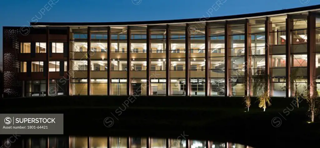 Hanson Hq Tp Bennett With Lighting Design By Pinniger and Partners 2009 Exterior View Across Lake At Night