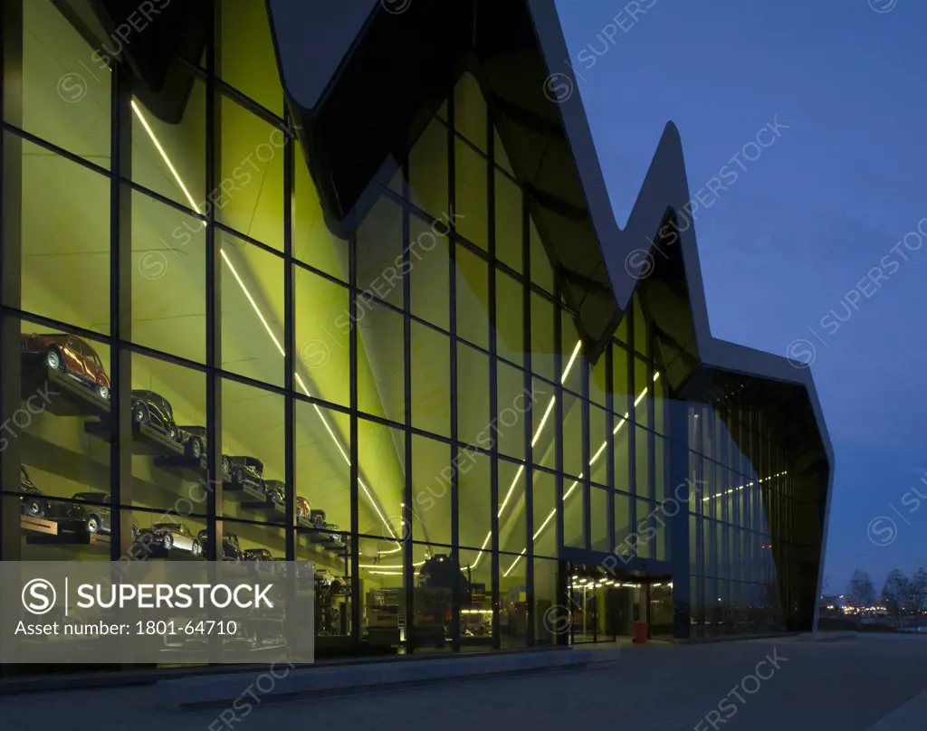 Glasgow Riverside Museum, Zaha Hadid Architects, 2011, Night Time Exterior View Of Riverside Facade