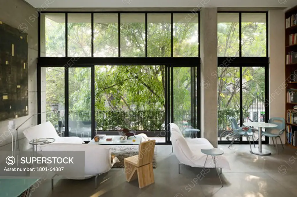 Javier Sanchez Arquitectura Apartment House In Colonia Condesa Mexico City   Panoramic View Of Living Room Area And Window Wall Overlooking Veracruz Street Like Boulevard
