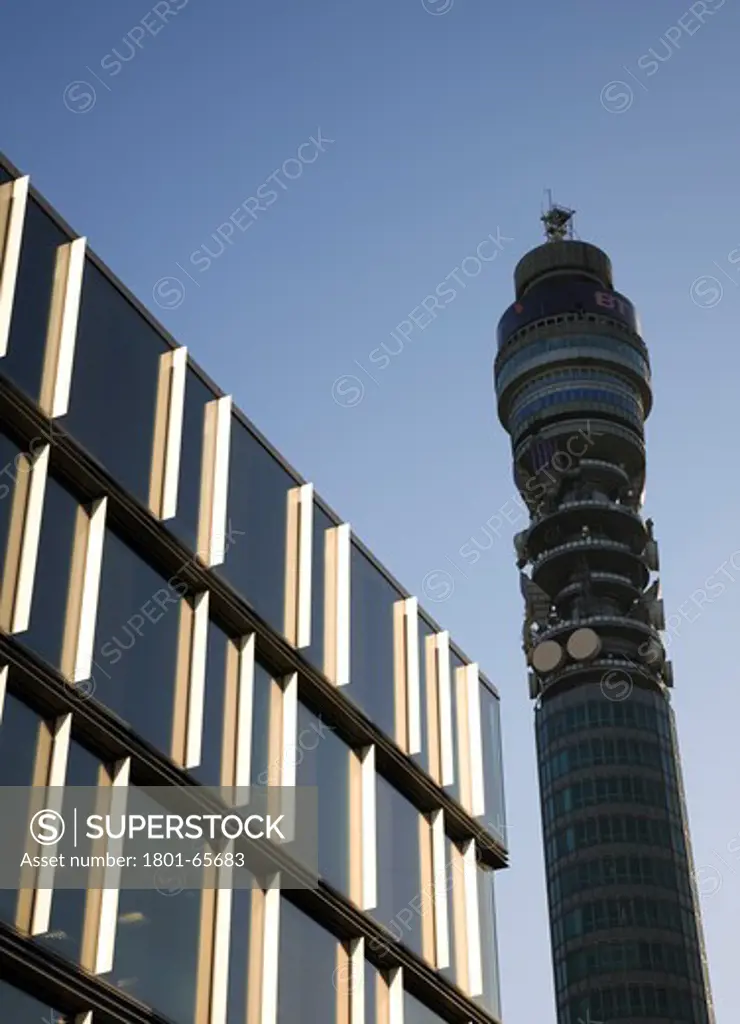 Exterior View Of 90 Whifield Street  With Detail Of The Fins And The Bt Tower