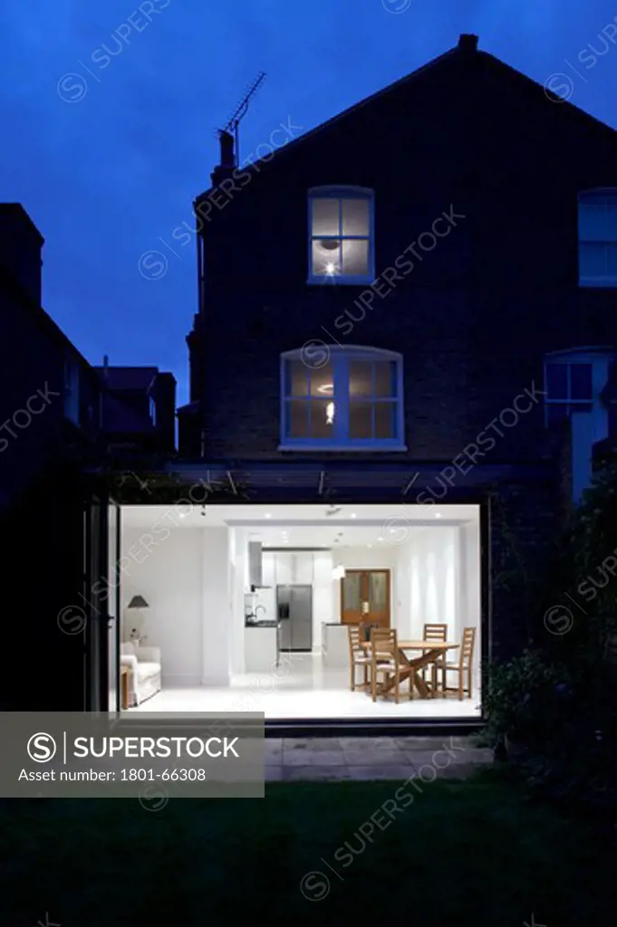 Thurleigh Road Wandsworth, London Sw12, Uk Giles Pike Architects Kitchen, Moden Extension Of A Typical Clapham House. Exterior Showing Rear Of House And Setting, With Doors Open Showing Full House And Extension, Shot A Twilight
