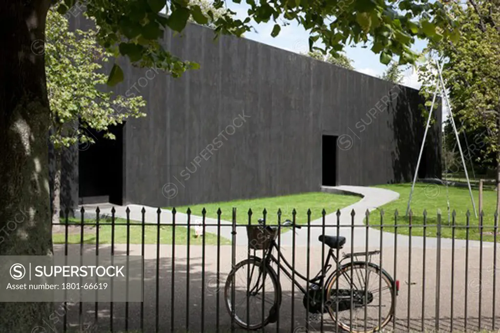 Serpentine Pavilion, 2011 ,Peter Zumthor, Angled View Of Front Elevation With Railings In Foreground With Bicycle