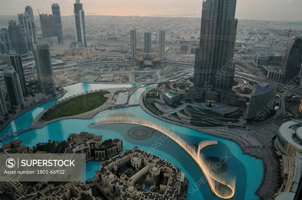 Burj Khalifa  S.O.M  Skidmore  Owings and Merrill  Dubai  Uae  2010  High Angle View Of Water Features With Dubai Fountains At Dusk
