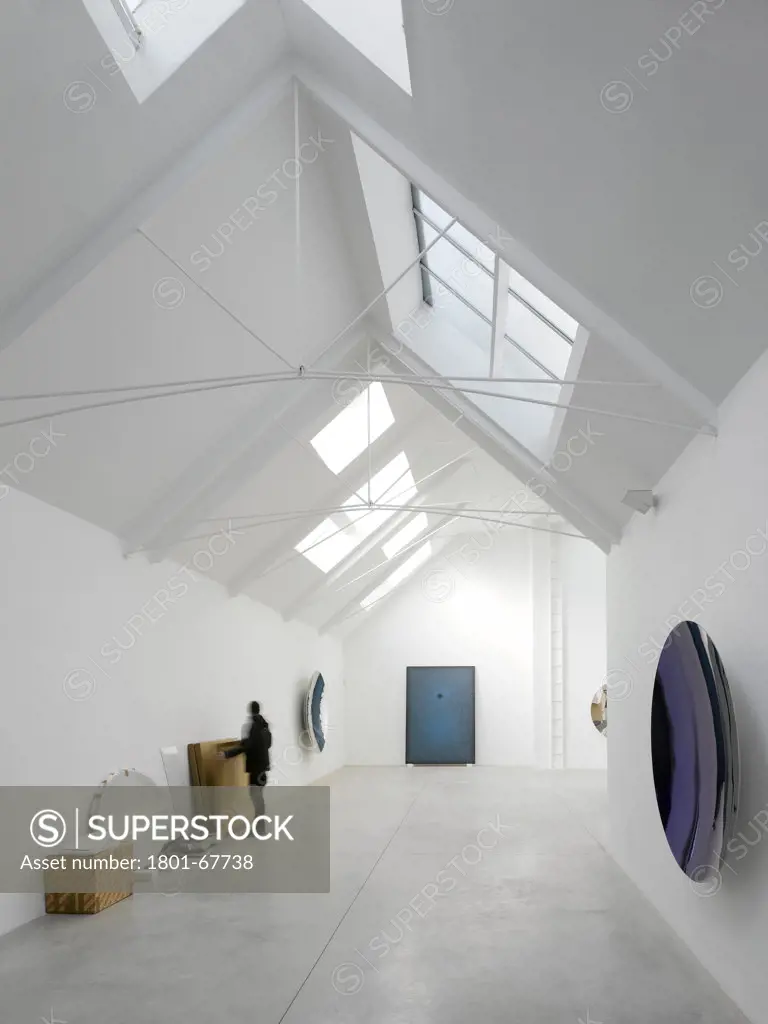 Lisson Gallery, Tony Fretton, London, United Kingdom, 1992, Gallery Interior With Artwork, Skylights And Exhibition Preparation