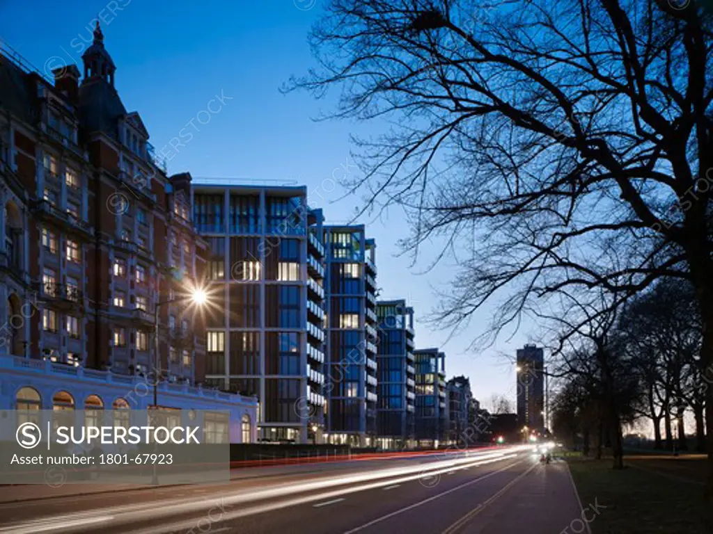 One Hyde Park  Rshp  Rogers Stirk Harbour And Partners  Knightsbridge  2011  London  Twilight View Of Front Looking West From Hyde Park