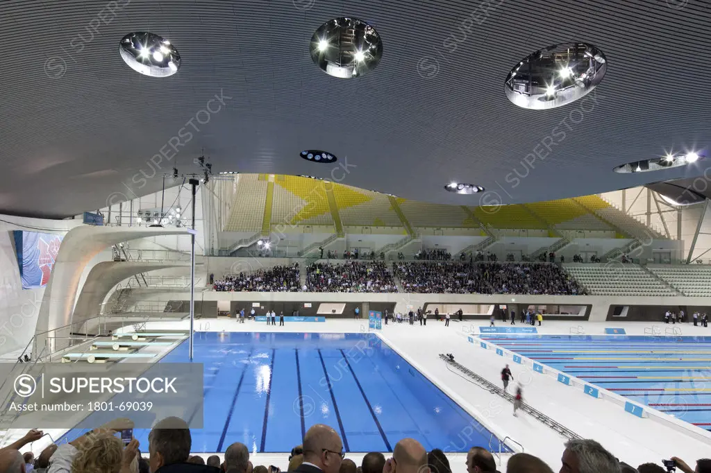 London Aquatic Centre, Zaha Hadid Architects, London, Uk, 2011, View Of Swimming Pool With People