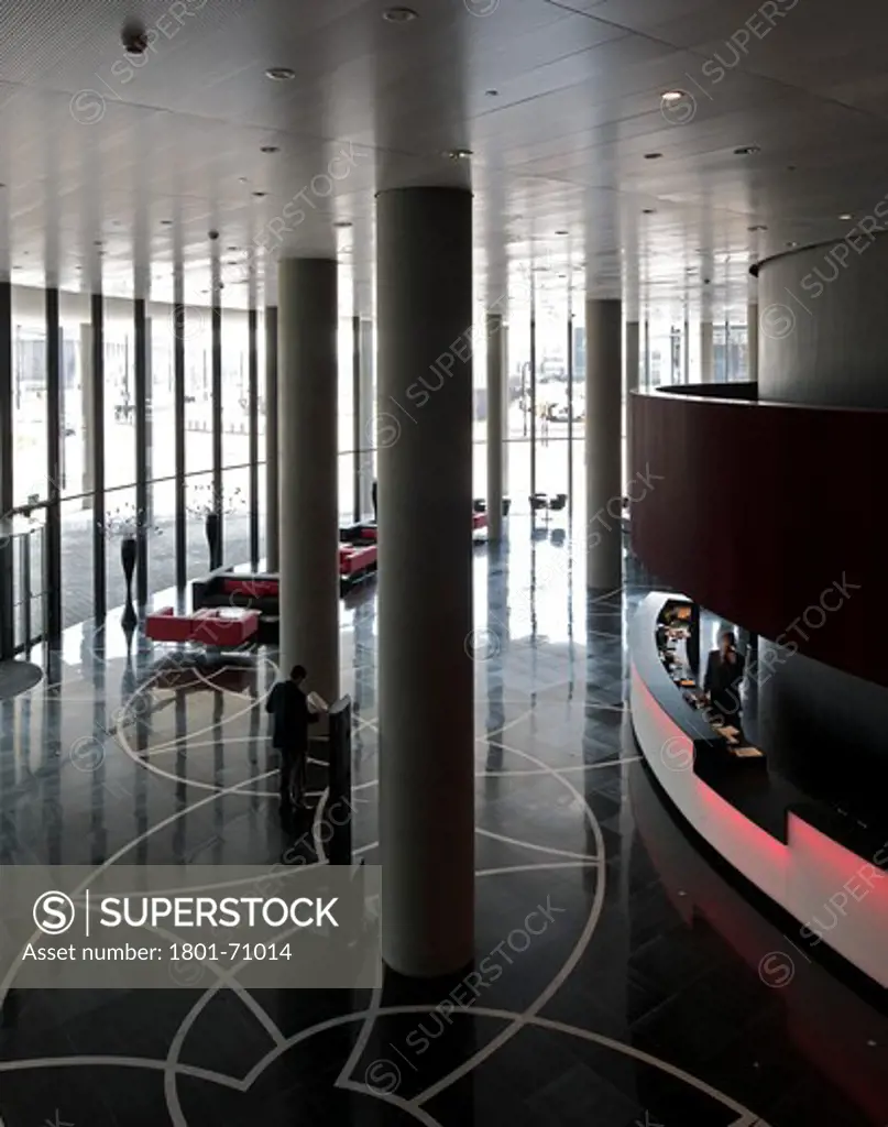 Porta Fira Towers Toyo Ito And B720 Arquitectos Barcelona Spain 2010 Hotel And Office Building  Interior View Of Reception Area Showing Concrete Pillars And Marble Floor