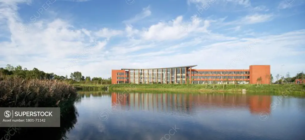 Hanson Hq  Tp Bennett  Stewartby  Bedfordshire  Uk  2009. Panoramic Far View Of The Building Exterior From Across The Lake In Its Picturesque Countryside Setting