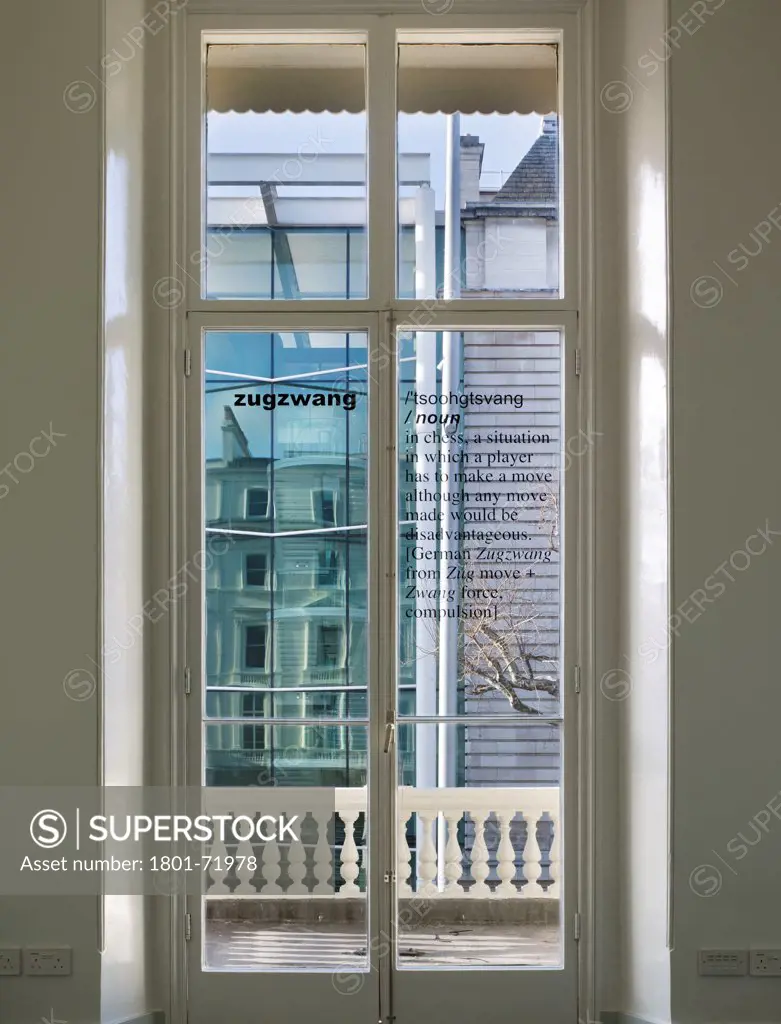 Goethe Institute, London, United Kingdom. Architect Blauel Architects, 2012. Detail of window with view through and German idiom lettering.