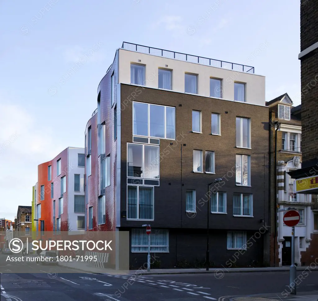Brandon Street Housing, London, United Kingdom. Architect Metaphorm, 2012. Housing block in street perspective.