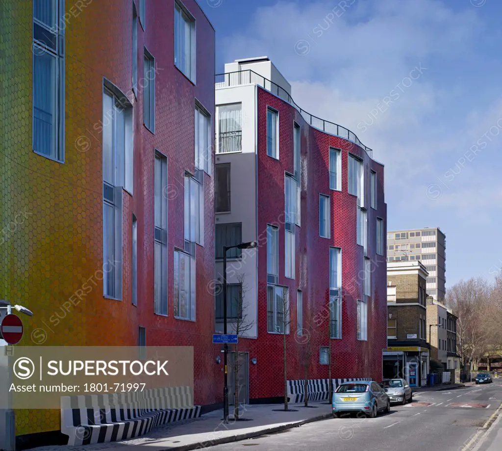 Brandon Street Housing, London, United Kingdom. Architect Metaphorm, 2012. Diminishing perspective of housing facade on terrace.