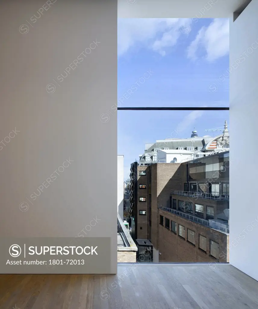 Photographers' Gallery, London, United Kingdom. Architect O'Donnell and Tuomey and ADP, 2012. View through from top floor gallery towards Oxford Street.