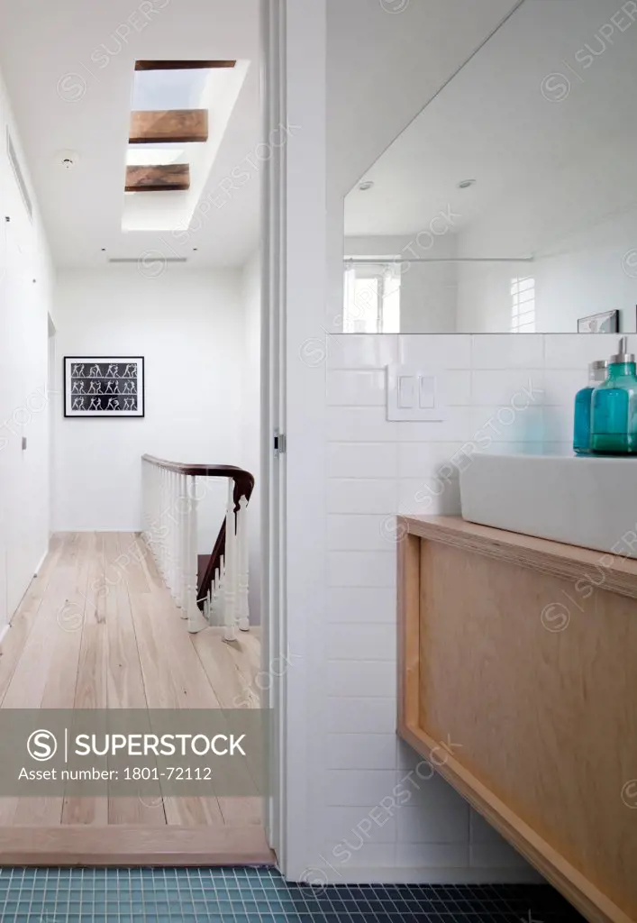Park Slope, Brooklyn Residence, Brooklyn, United States. Architect Davies Tang & Toews , 2012. Bathroom, skylight, stairs, Duravit Sink.