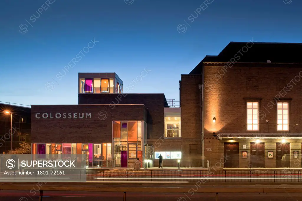 Watford Colosseum, Watford, United Kingdom. Architect Arts Team, 2011. View showing refurbished building and new entrance, bar and dining annexe extension.