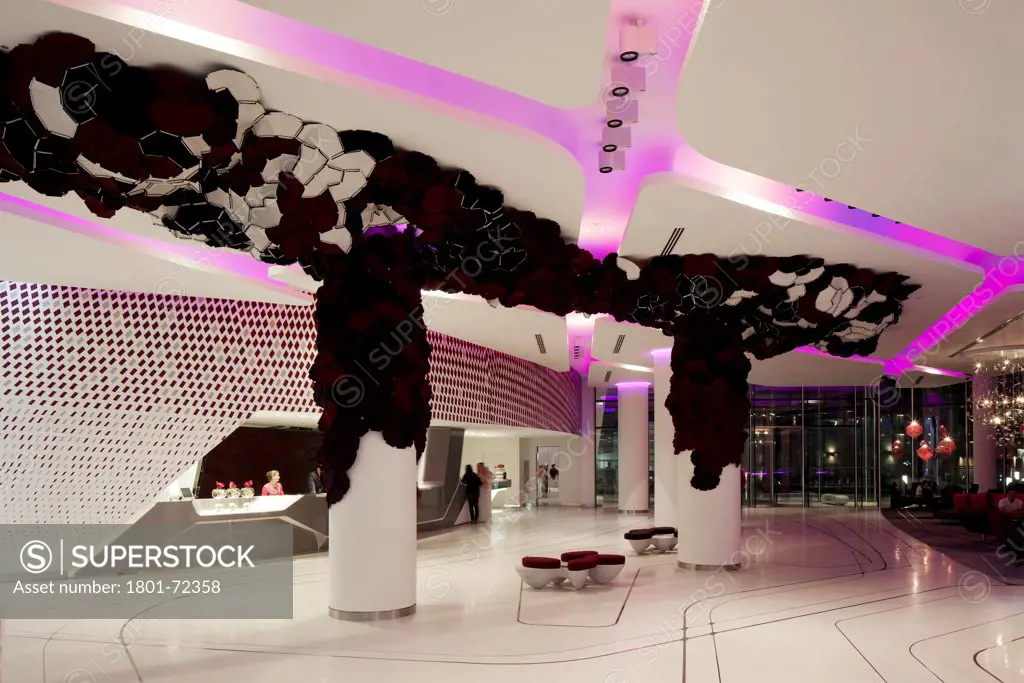 Yas Hotel, Abu Dhabi, United Arab Emirates. Architect Asymptote Architecture, 2011. Reception area.