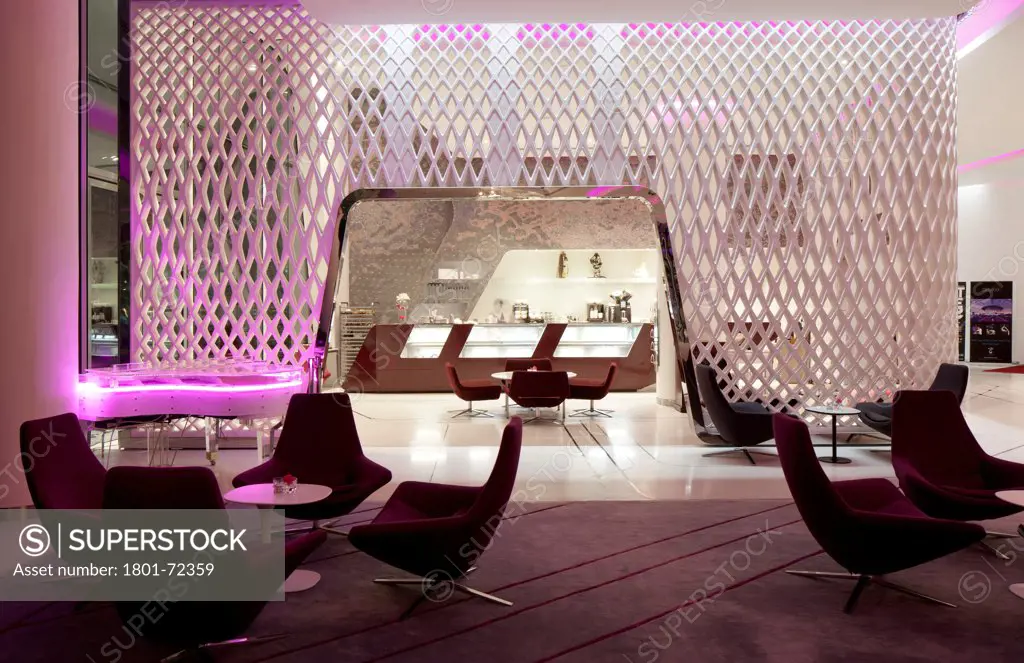 Yas Hotel, Abu Dhabi, United Arab Emirates. Architect Asymptote Architecture, 2011. Reception area.