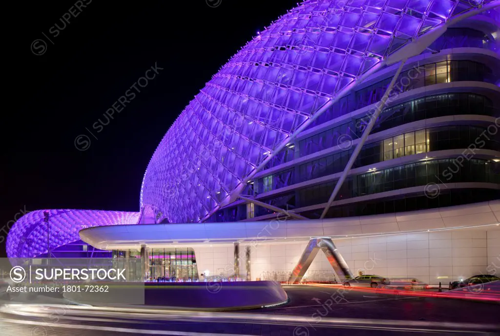 Yas Hotel, Abu Dhabi, United Arab Emirates. Architect Asymptote Architecture, 2011. External view.