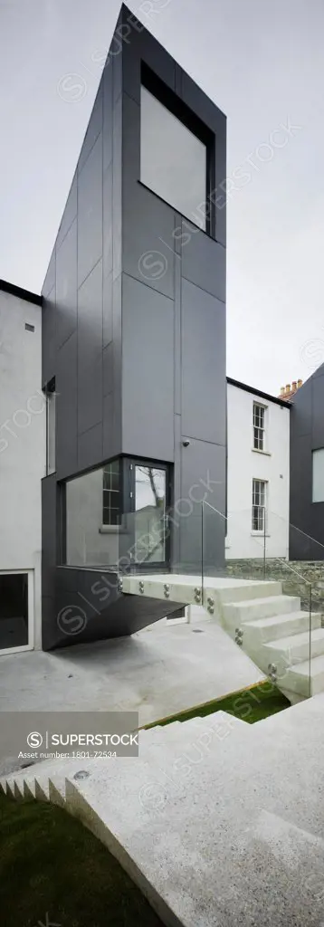 Private Residence Castlewood, Rathmines, Ireland. Architect ODOS, 2008. View of extension showing stairs to garden.
