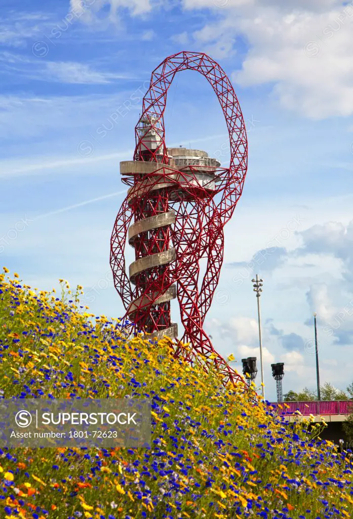 The Orbit, London 2012 Olympics, London, United Kingdom. Architect Anish Kapoor, 2012. Overall View from nearby canal.