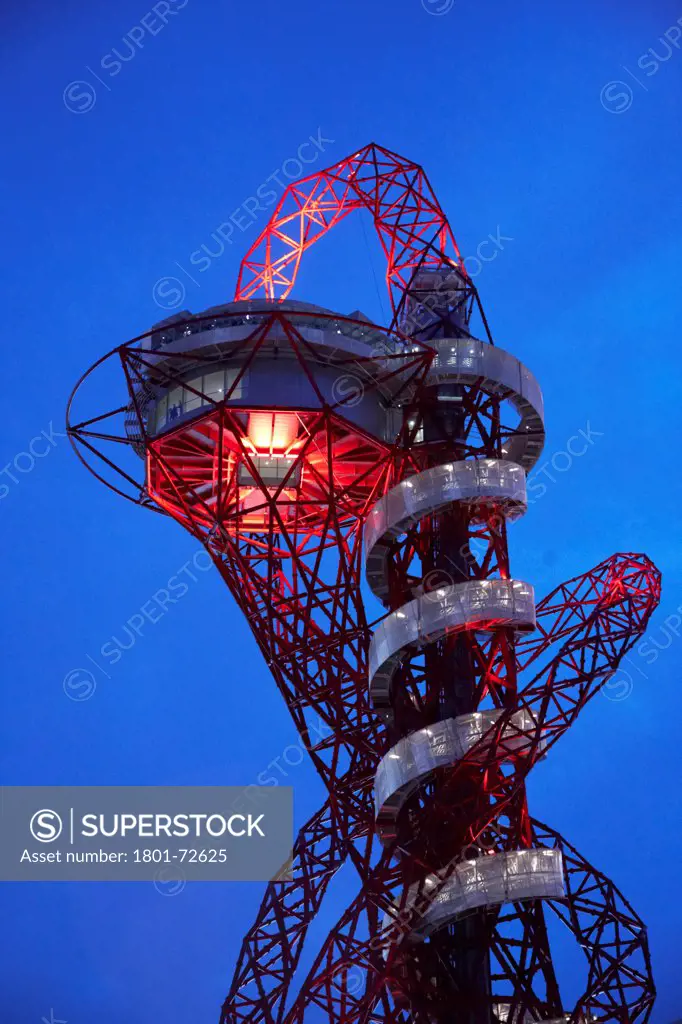 The Orbit, London 2012 Olympics, London, United Kingdom. Architect Anish Kapoor, 2012. Twilight view from below.