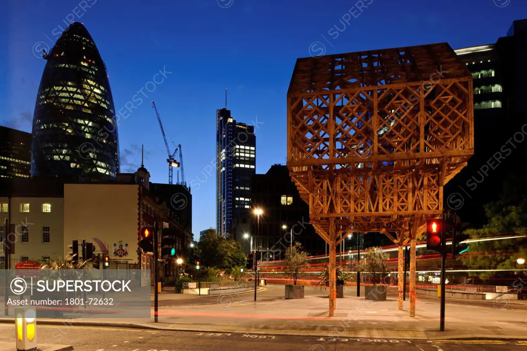 Paleys upon Pilers, London, United Kingdom. Architect Studio Weave, 2012. General view at night with Swiss Re to the left.