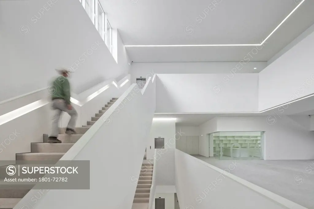 Platform for Arts and Creativity, Guimaraes, Portugal. Architect Pitágoras Arquitectos, 2012. General view of entrance area and stairs.